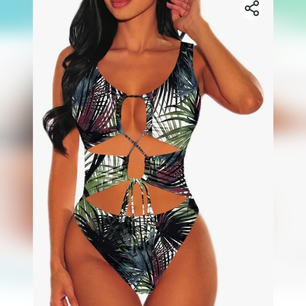 Sovoyontee Sexy One Piece Cheeky Adjustable Crisscross String Swimsuit Palm Leaf